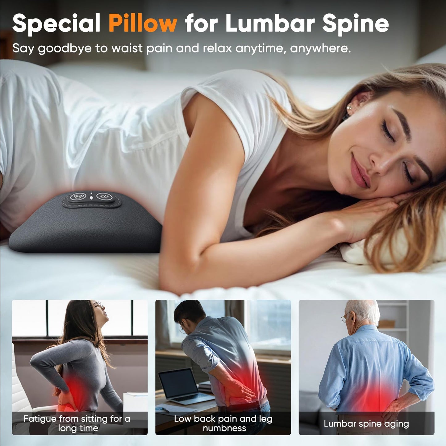3-in-1 Rechargeable Lumbar Support Pillow – Heated Massage Memory Foam Back Cushion for Office, Car & Home