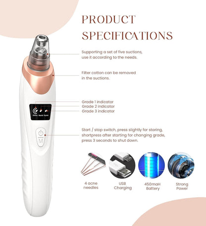 2026 Blackhead Remover Vacuum – USB Rechargeable Pore Cleaner with 5 Suction Levels & 5 Probes