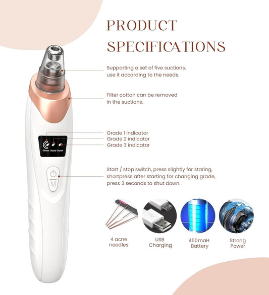 2026 Blackhead Remover Vacuum – USB Rechargeable Pore Cleaner with 5 Suction Levels & 5 Probes