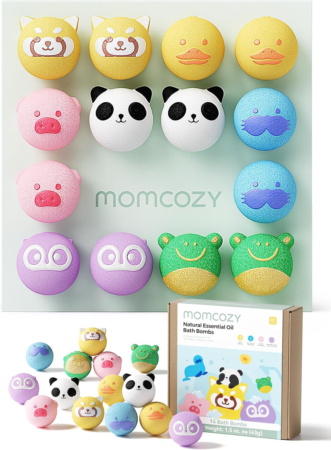 Momcozy Animal Bath Bombs for Kids – 14 Pack Colorful Fizzing Bath Toys with Essential Oils