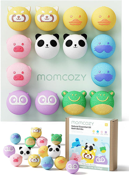 Momcozy Animal Bath Bombs for Kids – 14 Pack Colorful Fizzing Bath Toys with Essential Oils