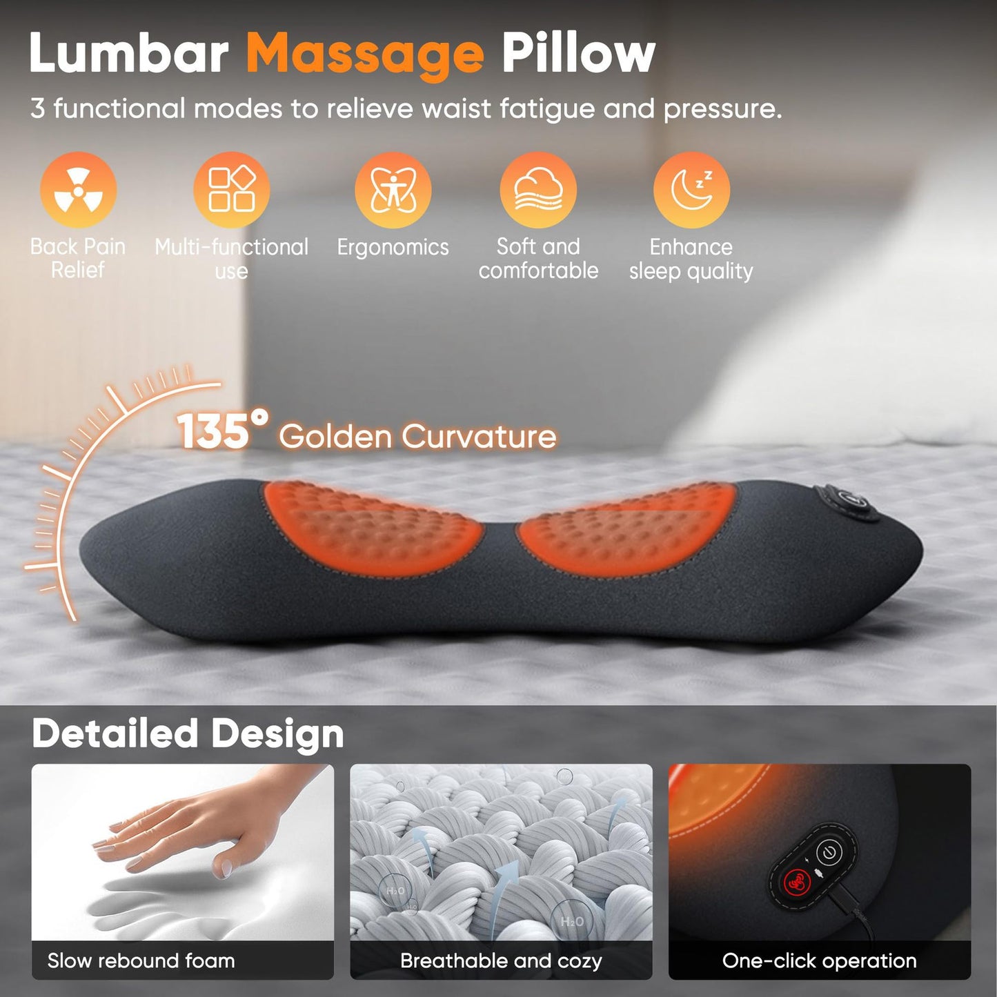 3-in-1 Rechargeable Lumbar Support Pillow – Heated Massage Memory Foam Back Cushion for Office, Car & Home