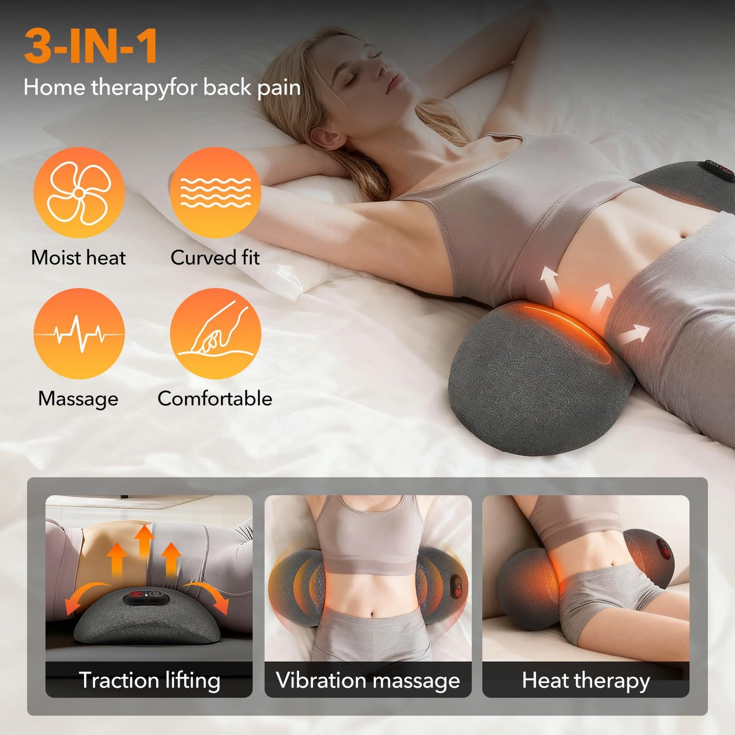 3-in-1 Rechargeable Lumbar Support Pillow – Heated Massage Memory Foam Back Cushion for Office, Car & Home